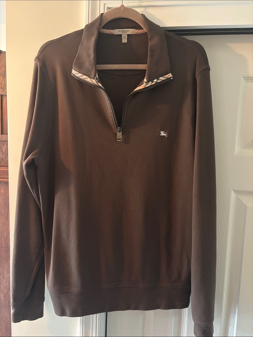 Burberry Brown Quarter-Zip Sweater with Check Trim Large